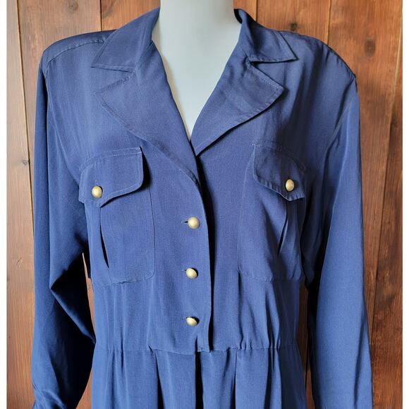 Vintage Liz Claiborne Blue Midi Dress Women 12 80s Power Style Shoulder Pads 90s - Picture 2 of 14